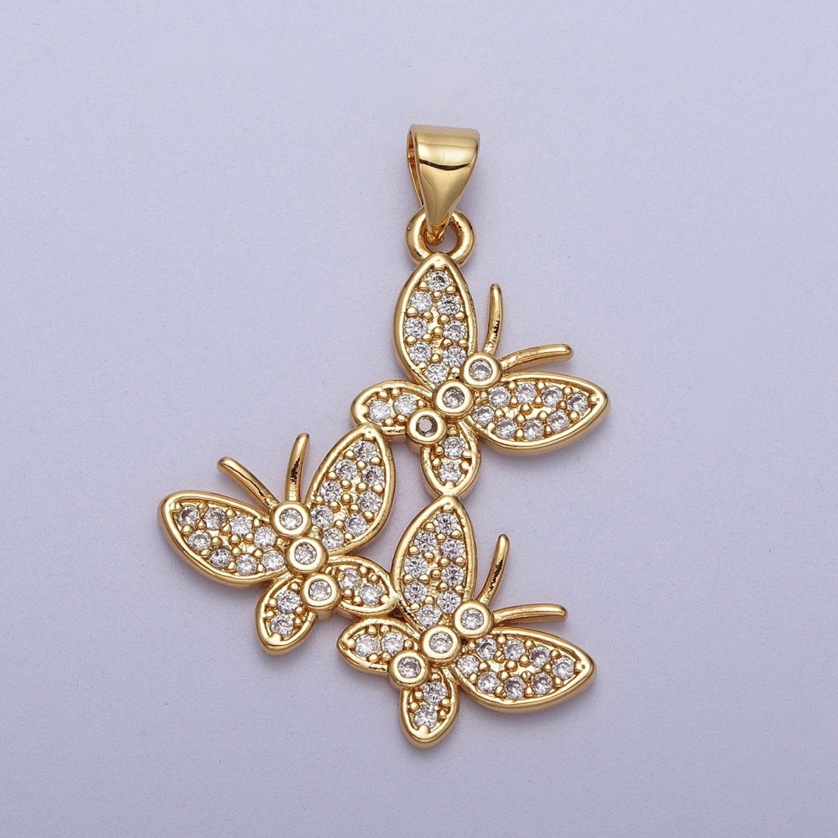 Micro Paved Three Butterfly Mariposa Gold Pendant H-812