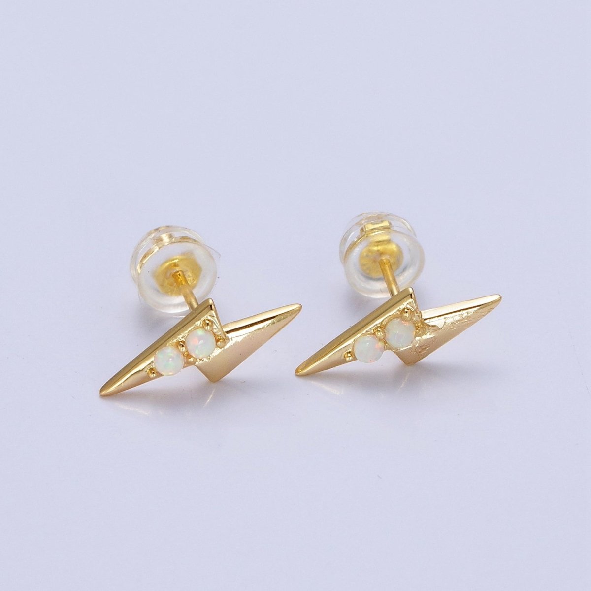 Mini 14K Gold Filled Lightning Bolt Round White Opal Stud Earrings | AD-091