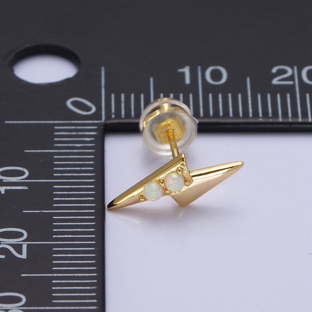 Mini 14K Gold Filled Lightning Bolt Round White Opal Stud Earrings | AD-091