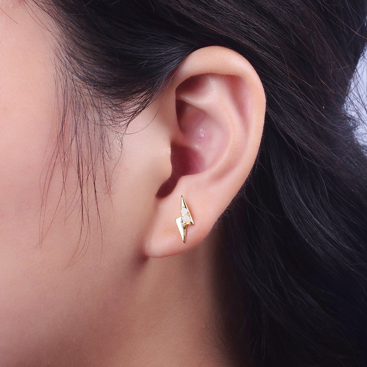 Mini 14K Gold Filled Lightning Bolt Round White Opal Stud Earrings | AD-091