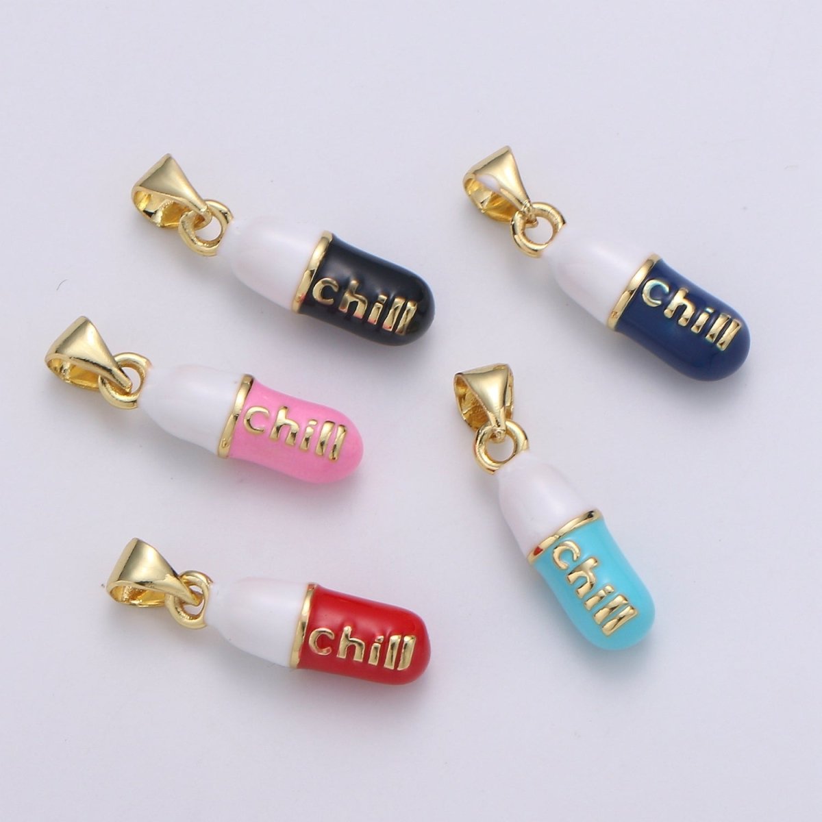 Mini 24K Gold Filled Pill Bar Charm Enamel Pink Love Chill Happy Pill Pendant for Bracelet Necklace Earring Component Supply 23x5mm J-203~J-207,J-209~J-213,J-244~J-248