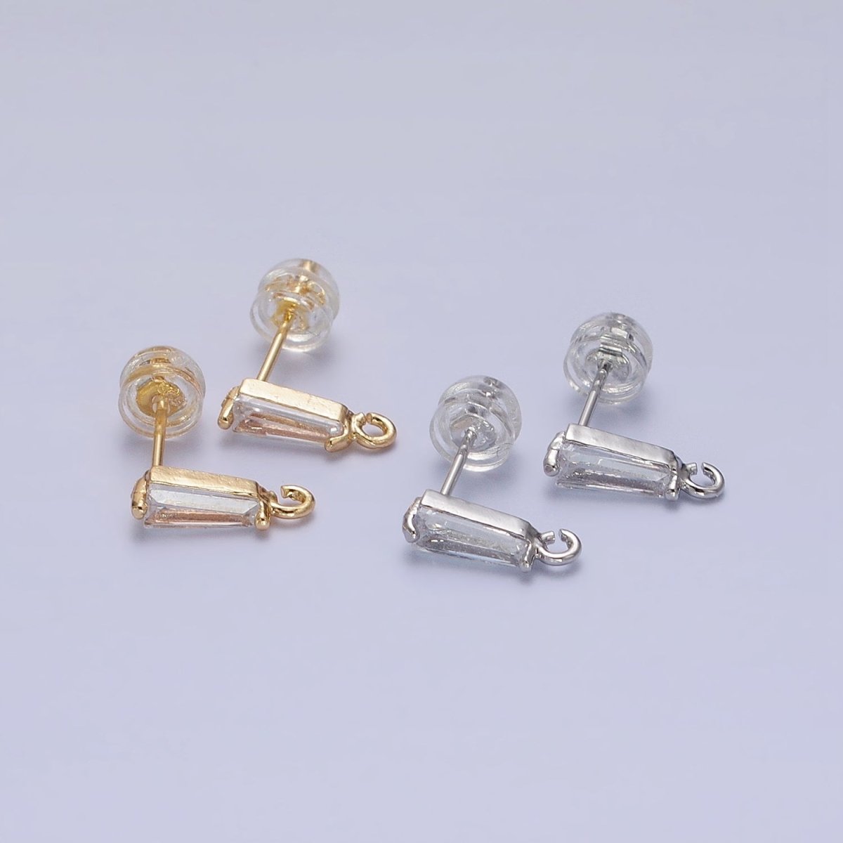 Mini Baguette Cut CZ Diamond Stud Earring Gold Earring Post with Open Link for Earring Supply Z-184 Z-185