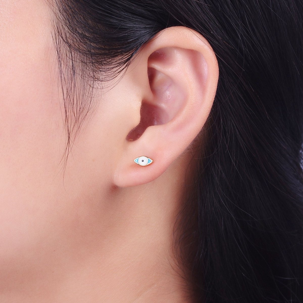 Mini Blue Evil Eye Enamel Gold Stud Earrings | AD-174