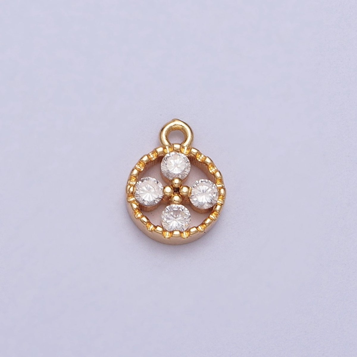Mini Clear Cubic Zirconia Quatrefoil Open Round Gold Charm E-512