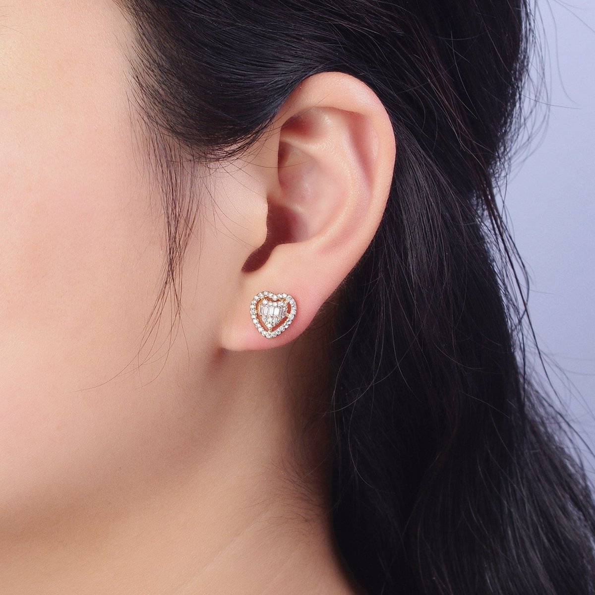 Mini Clear Micro Paved CZ Heart Love Gold Stud Earrings | AB229