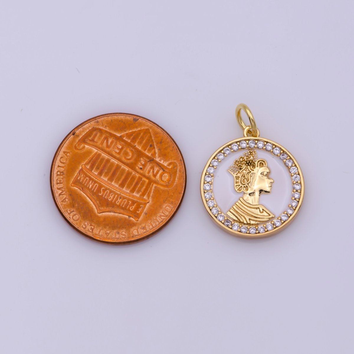 Mini English Queen Elizabeth coin medal 18k Gold Filled coin Charm Micro Pave Enamel White Charm N-199