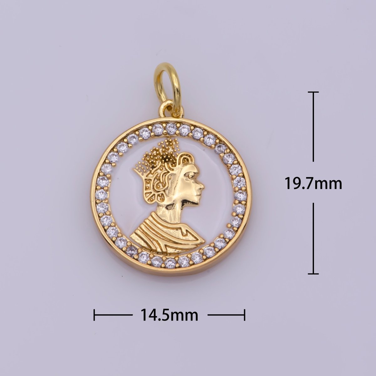 Mini English Queen Elizabeth coin medal 18k Gold Filled coin Charm Micro Pave Enamel White Charm N-199