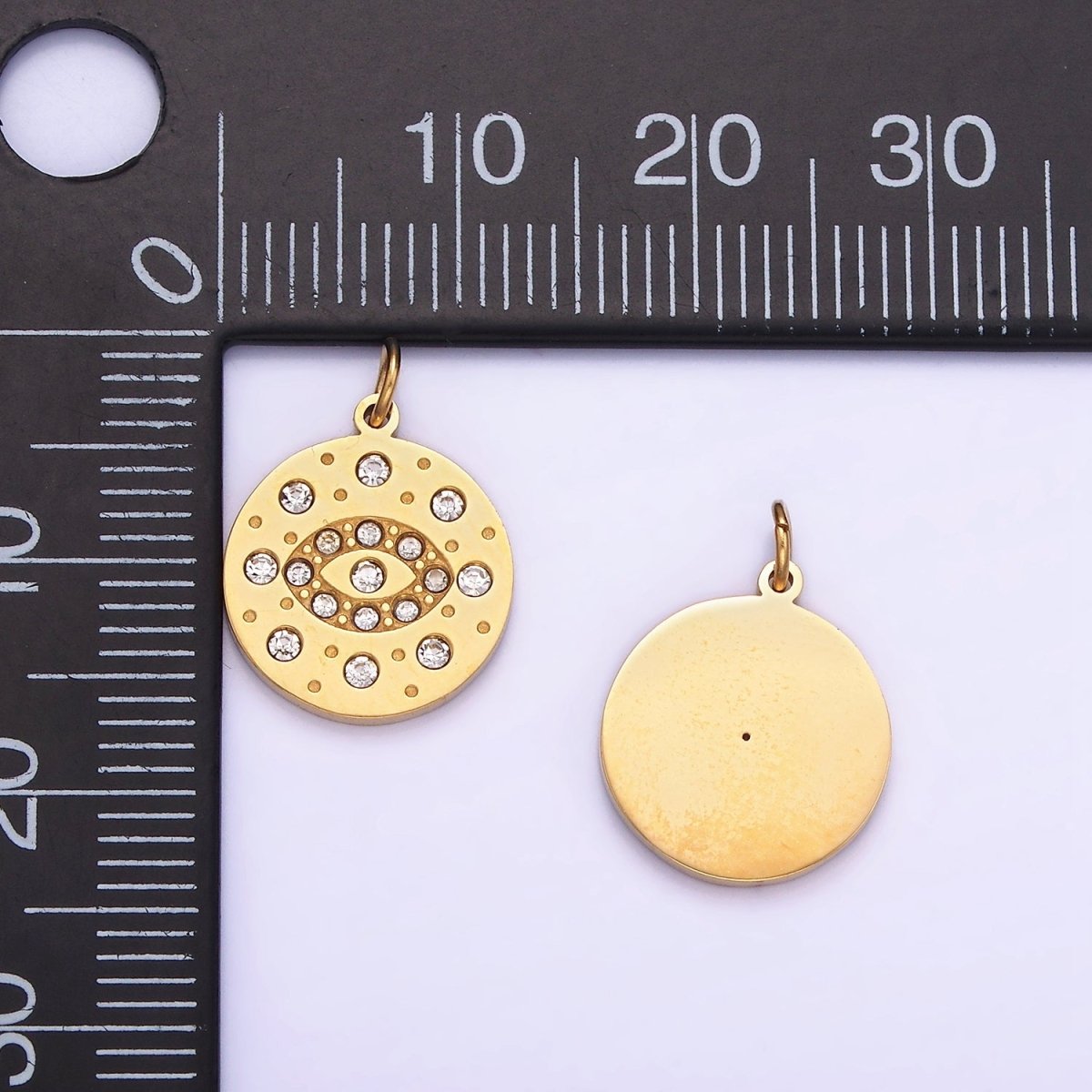 Mini Gold Stainless Steel Evil Eye Charm Round Coin Crystal Pendant | P1407