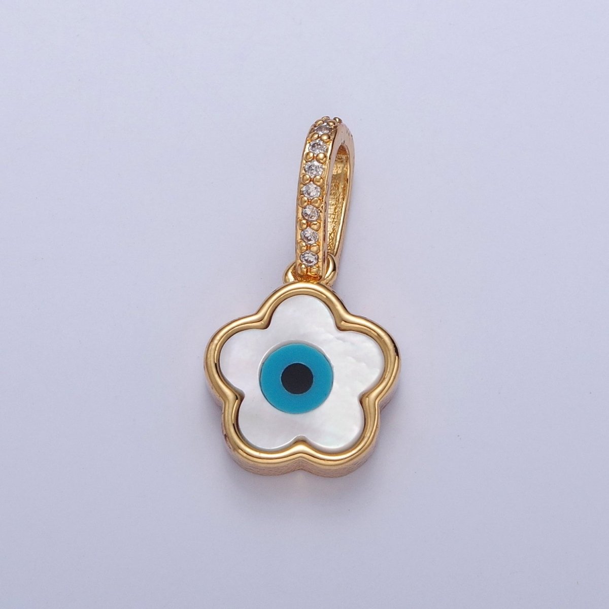 Mini Mother of Pearl Flower Necklace Pendant Floral Evil Eye Charm Micro Pave Religious Jewelry J-624