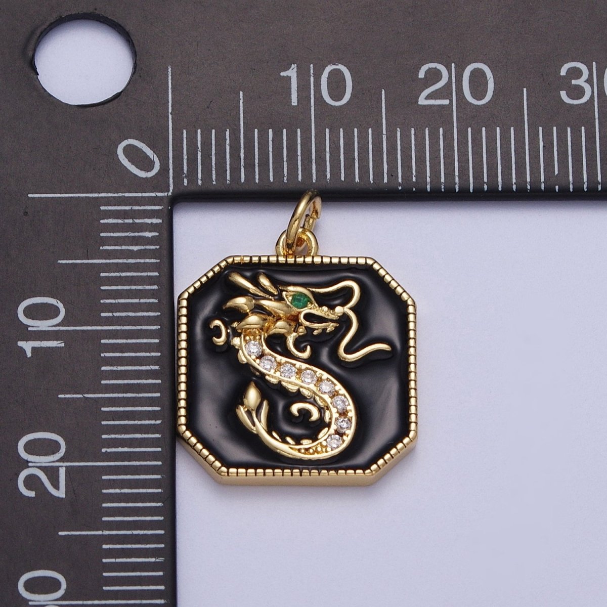Rhodium Plated Dragon Micro Paved CZ Black Enamel Edged Square Charm in Gold & Silver | C128