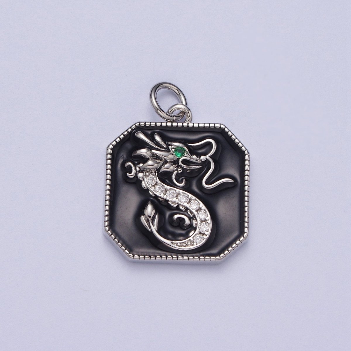Rhodium Plated Dragon Micro Paved CZ Black Enamel Edged Square Charm in Gold & Silver | C128