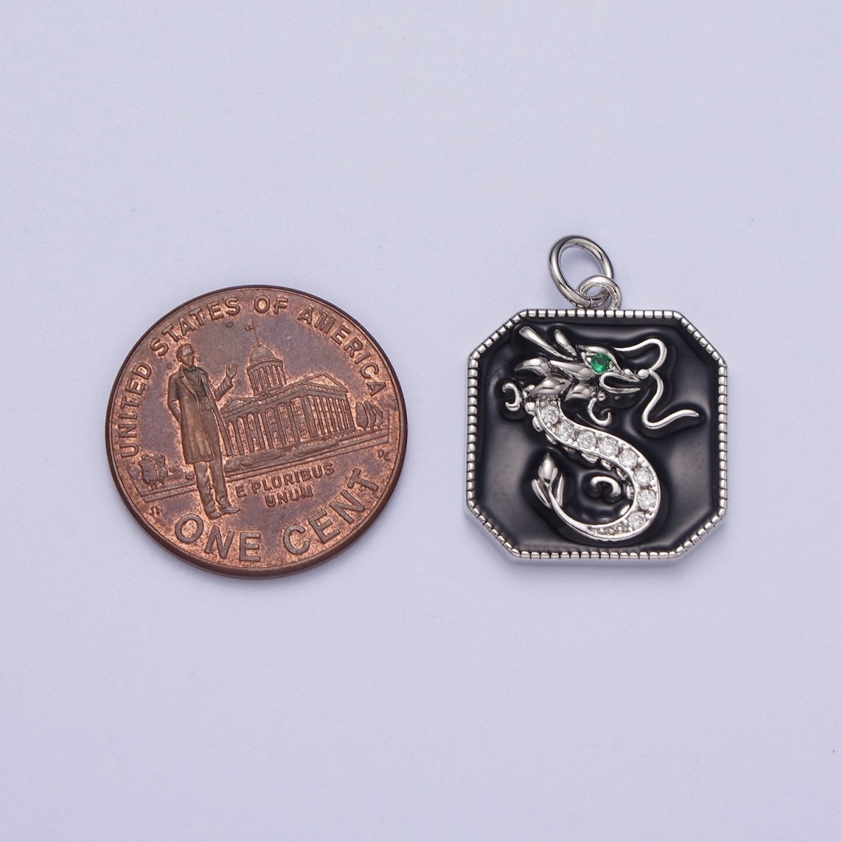 Rhodium Plated Dragon Micro Paved CZ Black Enamel Edged Square Charm in Gold & Silver | C128
