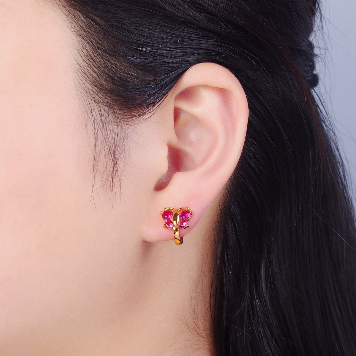 Mini Pink Butterfly Earring Gold Huggie Earring 24k Gold Filled T-453