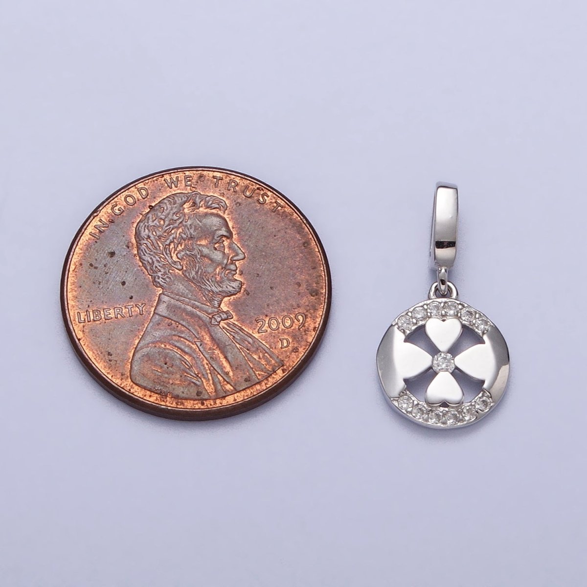 Mini S925 Sterling Silver Clover Charm Micro Pave Round Coin Lucky Four Leaf Pendant SL-390