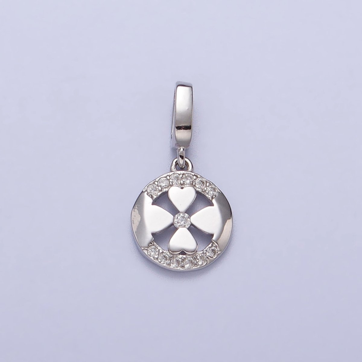 Mini S925 Sterling Silver Clover Charm Micro Pave Round Coin Lucky Four Leaf Pendant SL-390