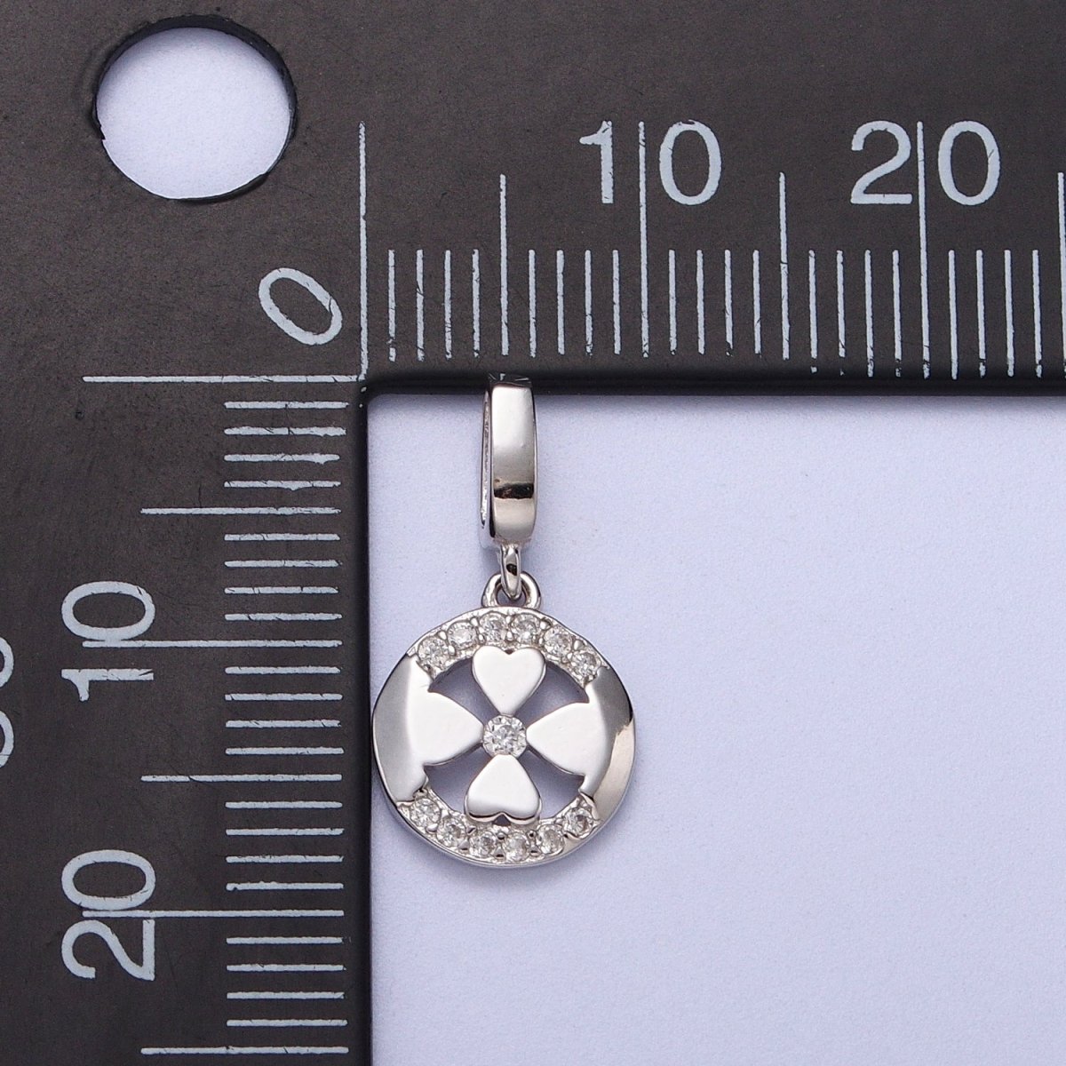 Mini S925 Sterling Silver Clover Charm Micro Pave Round Coin Lucky Four Leaf Pendant SL-390