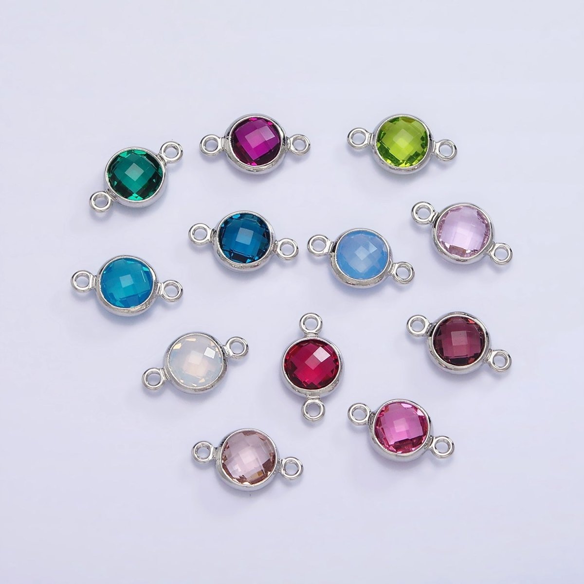 Mini Silver Cubic Zirconia Link Connector Color Faceted Crystal Charm Connector Birthstone Link Connector G-730~G-741