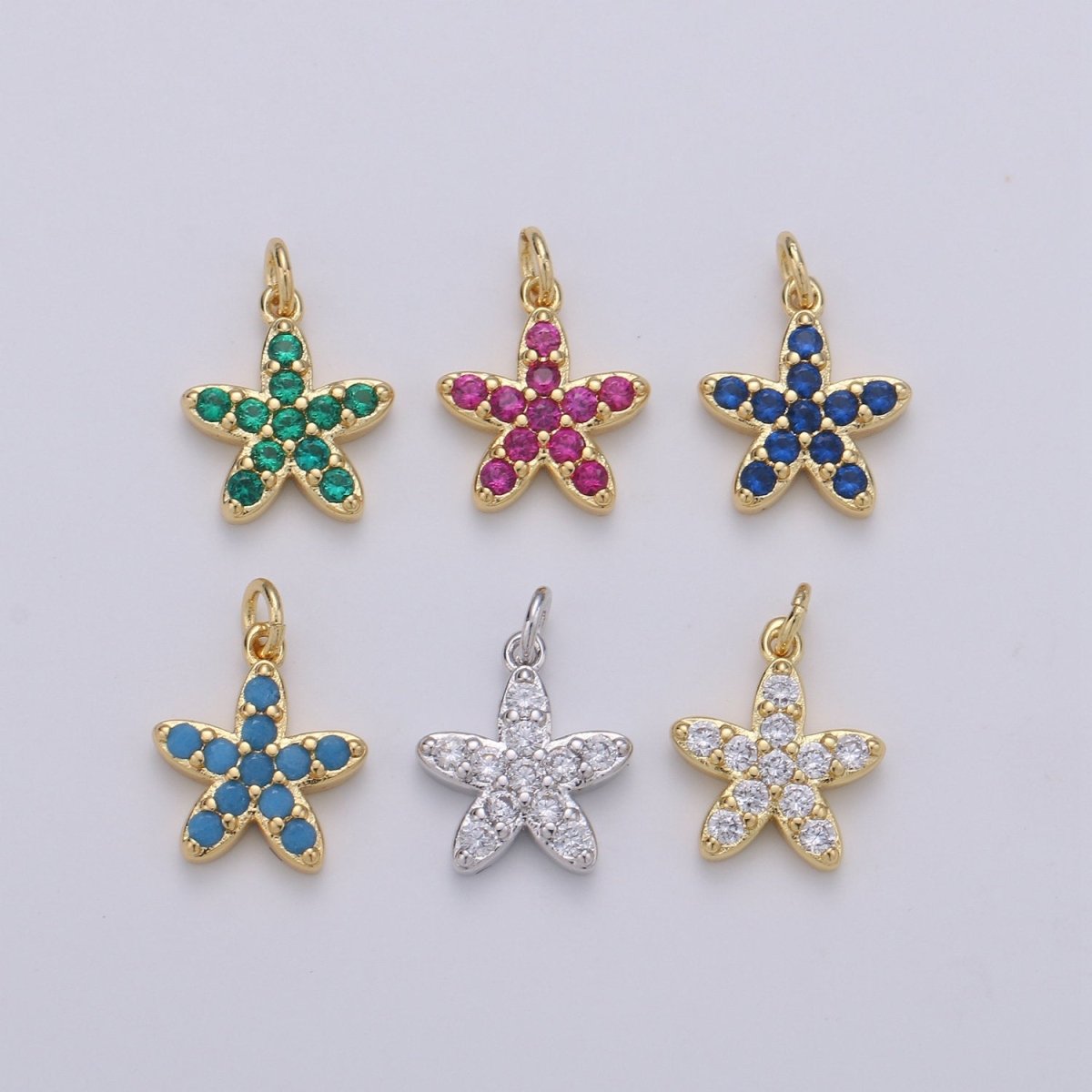 Mini Star Charm Micro Pave Snow Charm, Tiny Gold Flower Charm Colorful Cz Cubic Charm in 14k gold Filled D-652 TO D-657
