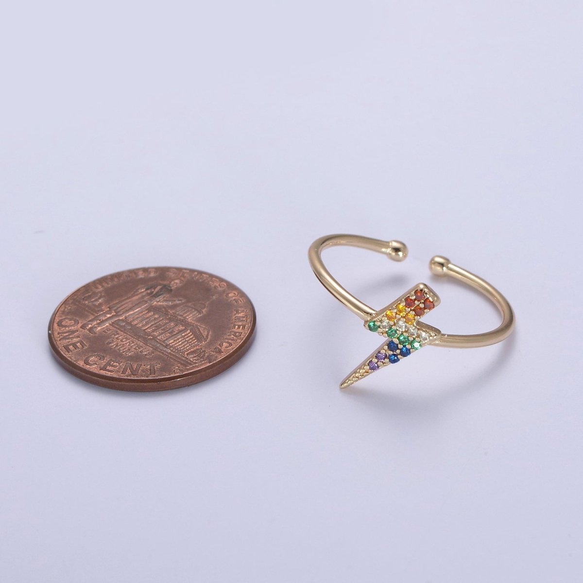 Minimalist 16K Gold Filled Lightning Bolt Rainbow Crystal Zirconia CZ Adjustable Ring U-417