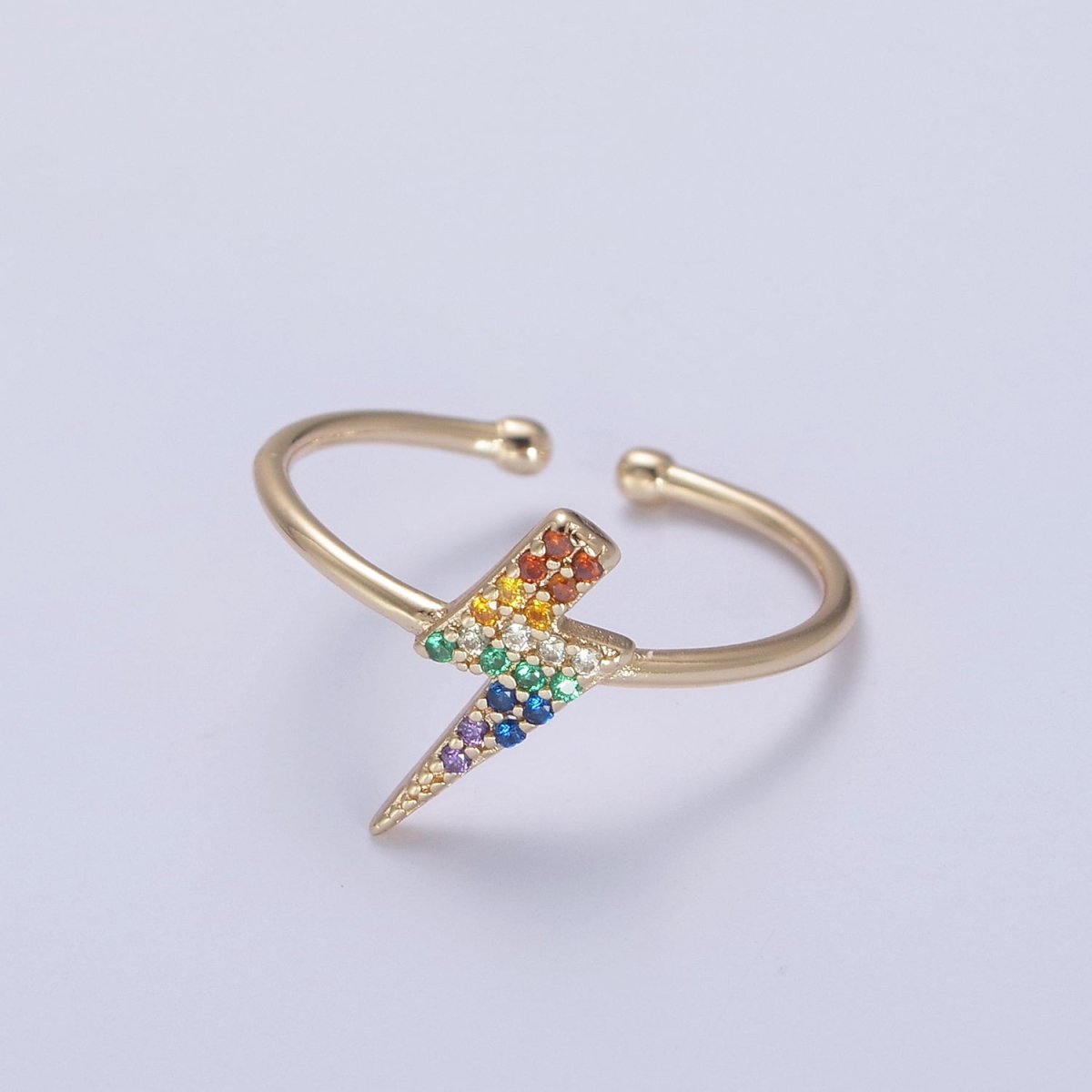 Minimalist 16K Gold Filled Lightning Bolt Rainbow Crystal Zirconia CZ Adjustable Ring U-417