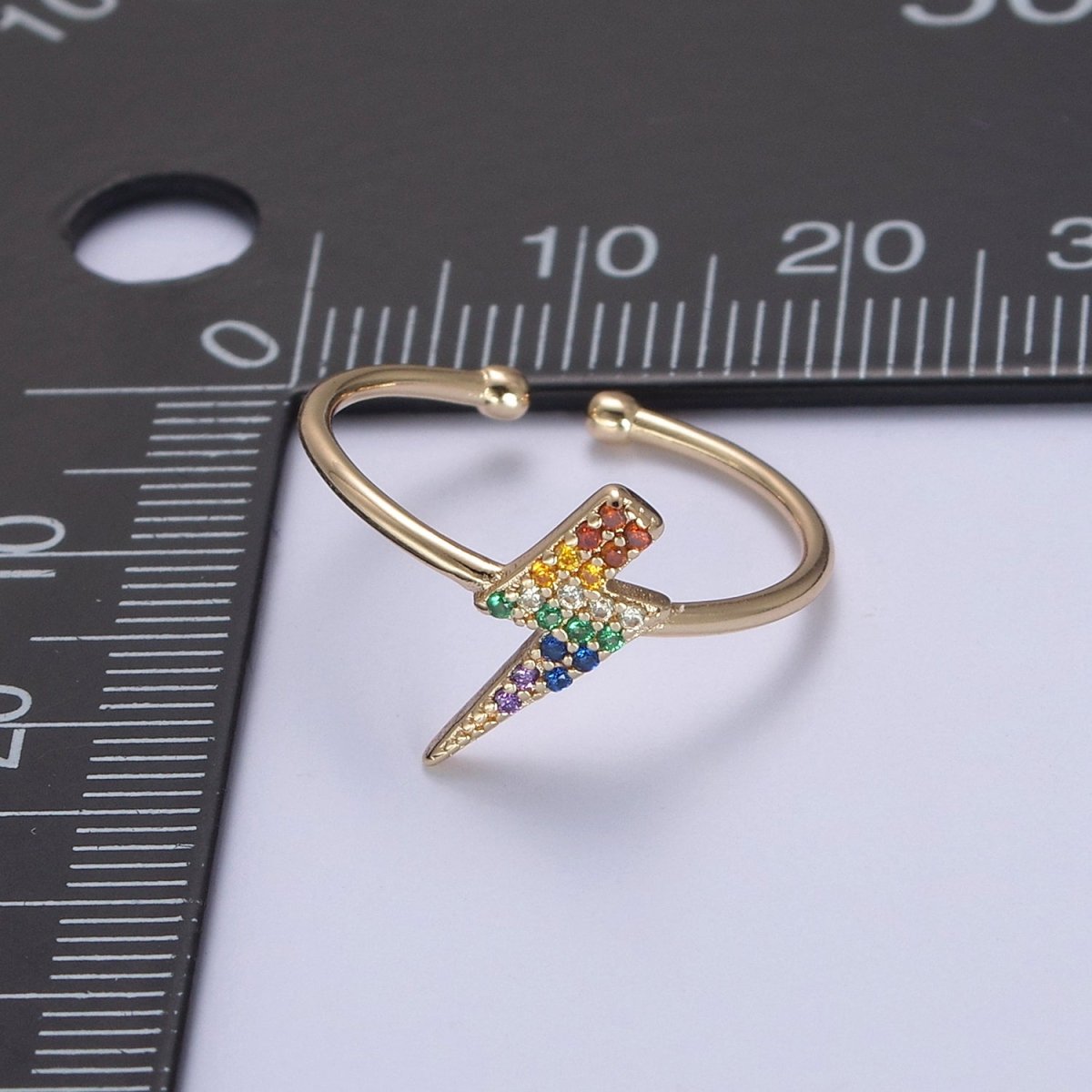 Minimalist 16K Gold Filled Lightning Bolt Rainbow Crystal Zirconia CZ Adjustable Ring U-417