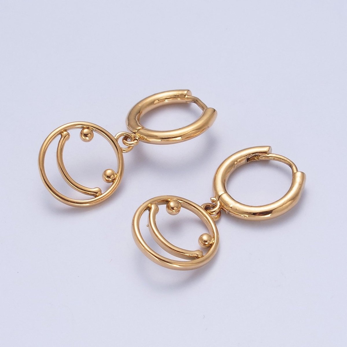 Minimalist 24K Gold Filled Open Smiley Face Charm Dangle Drop Huggie Hoop Earrings T-130