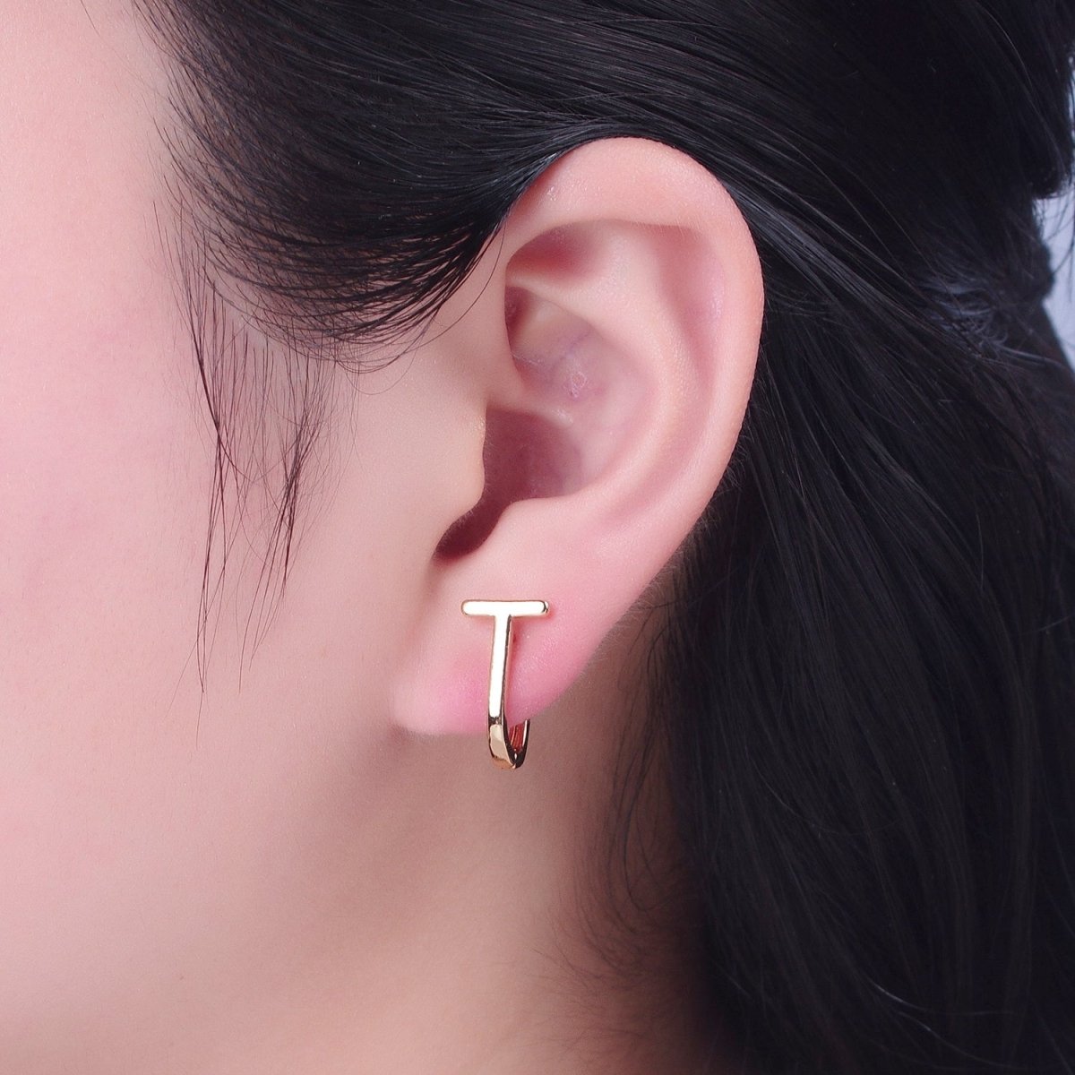 Minimalist 24K Gold Filled T Bar U Shaped Huggie Hoop Earrings P-420