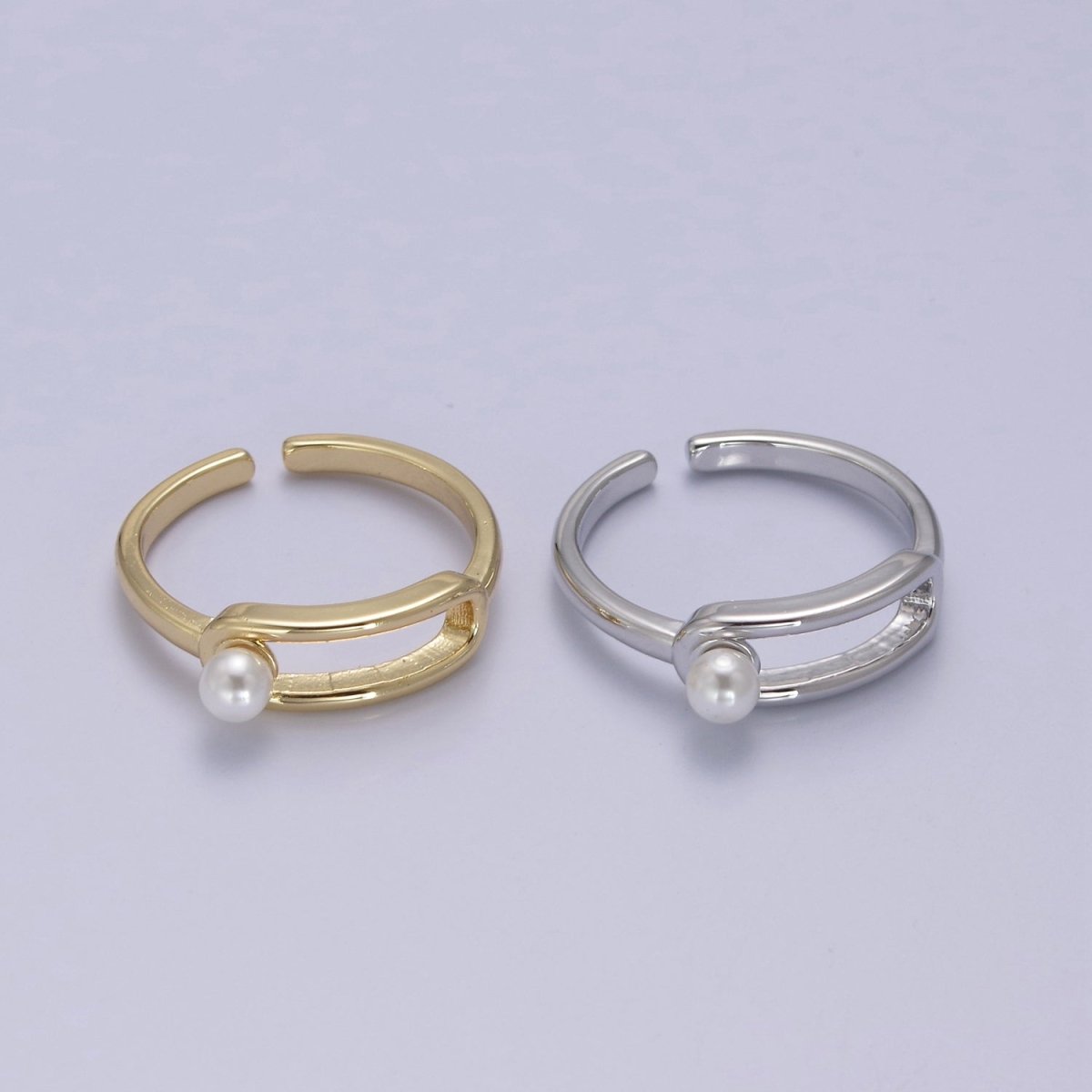 Minimalist 24K Gold Filled White Pearl Ring, Double Belt Buckle Adjustable Ring in Gold & Silver S-348