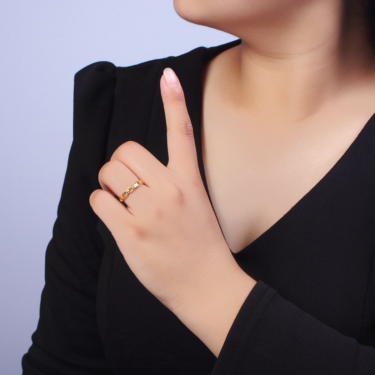 Minimalist Cable Chain Link Micro Paved Cubic Zirconia Adjustable Ring | U-064