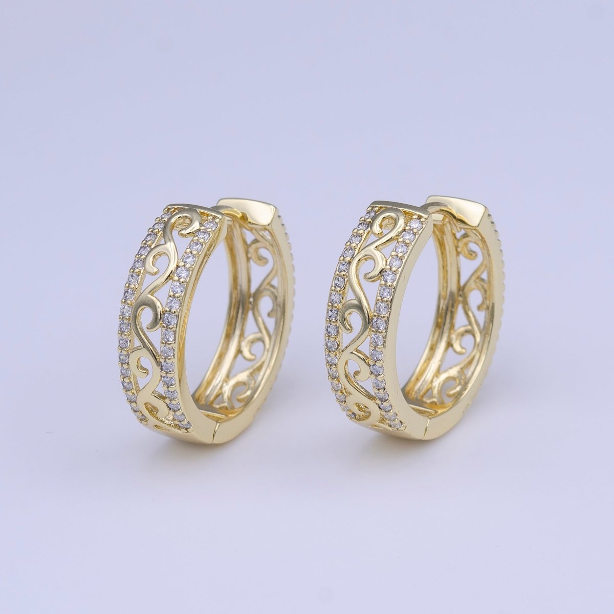 Minimalist Double Sided Micro Paved CZ Filigree Gold Huggie Hoops | AD-209