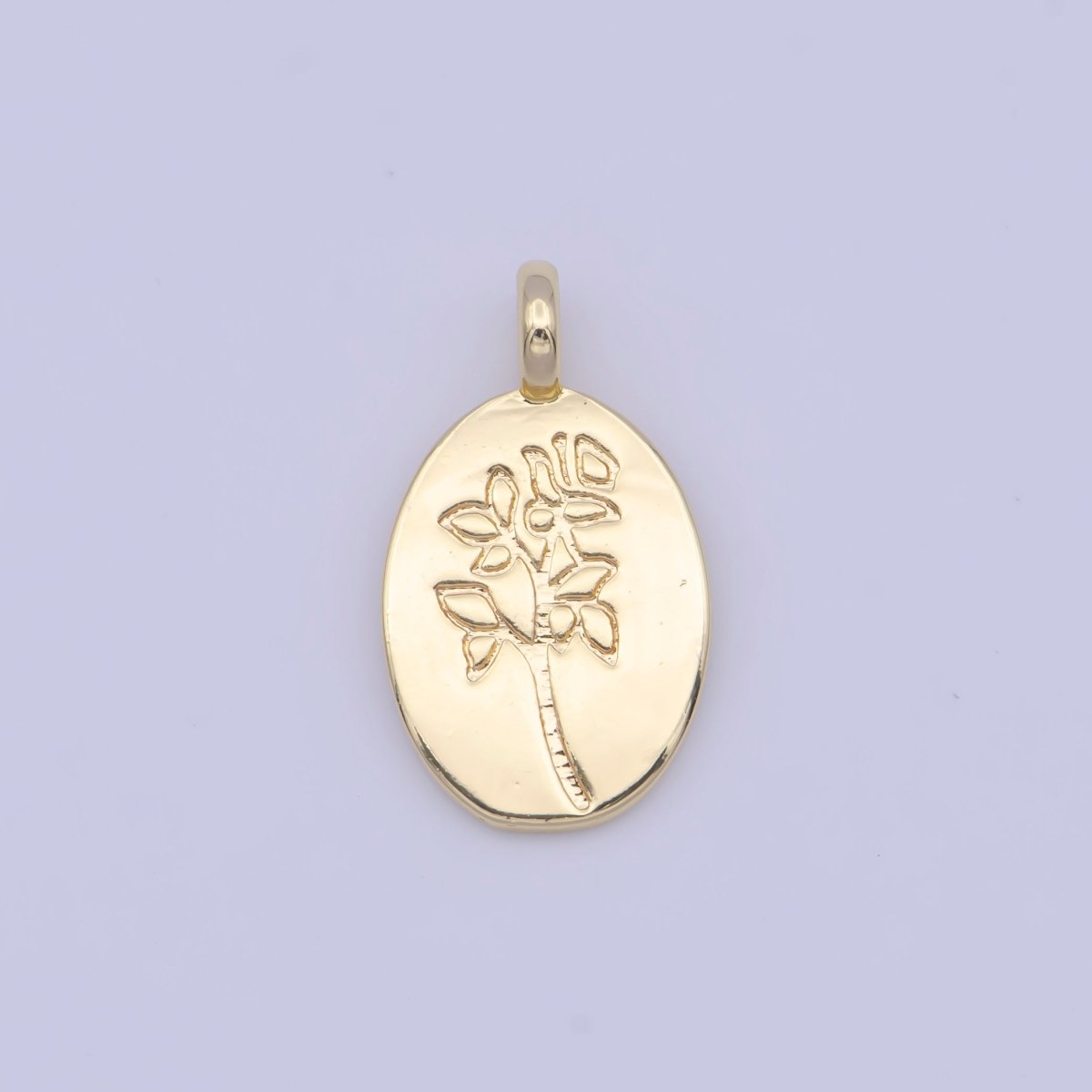 Minimalist Flower Plant Engraved Double Sided Gold Oval Charm | X-719