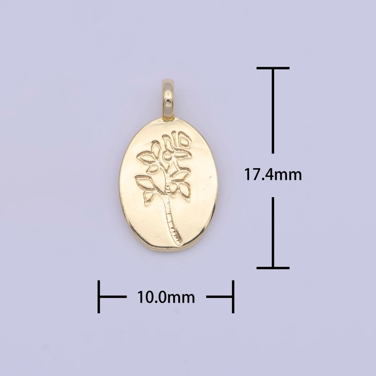 Minimalist Flower Plant Engraved Double Sided Gold Oval Charm | X-719