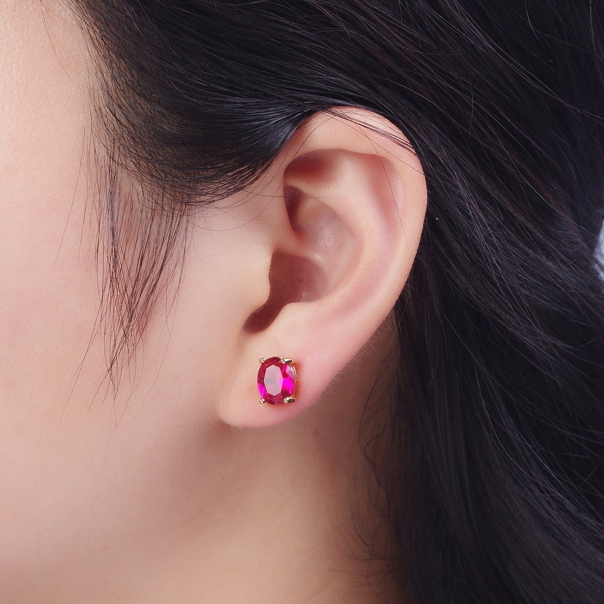 Minimalist Fuchsia Oval Cubic Zirconia Gold Stud Earrings | AD-579