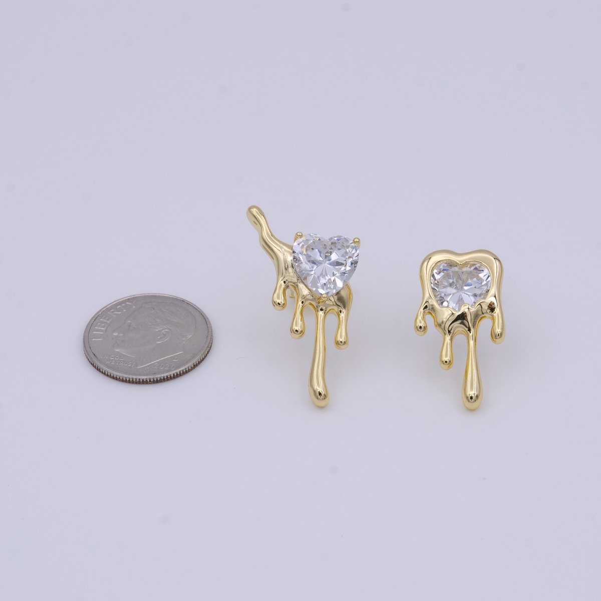 Minimalist Gold Dripping Heart Clear CZ Stud Earrings | AD-282
