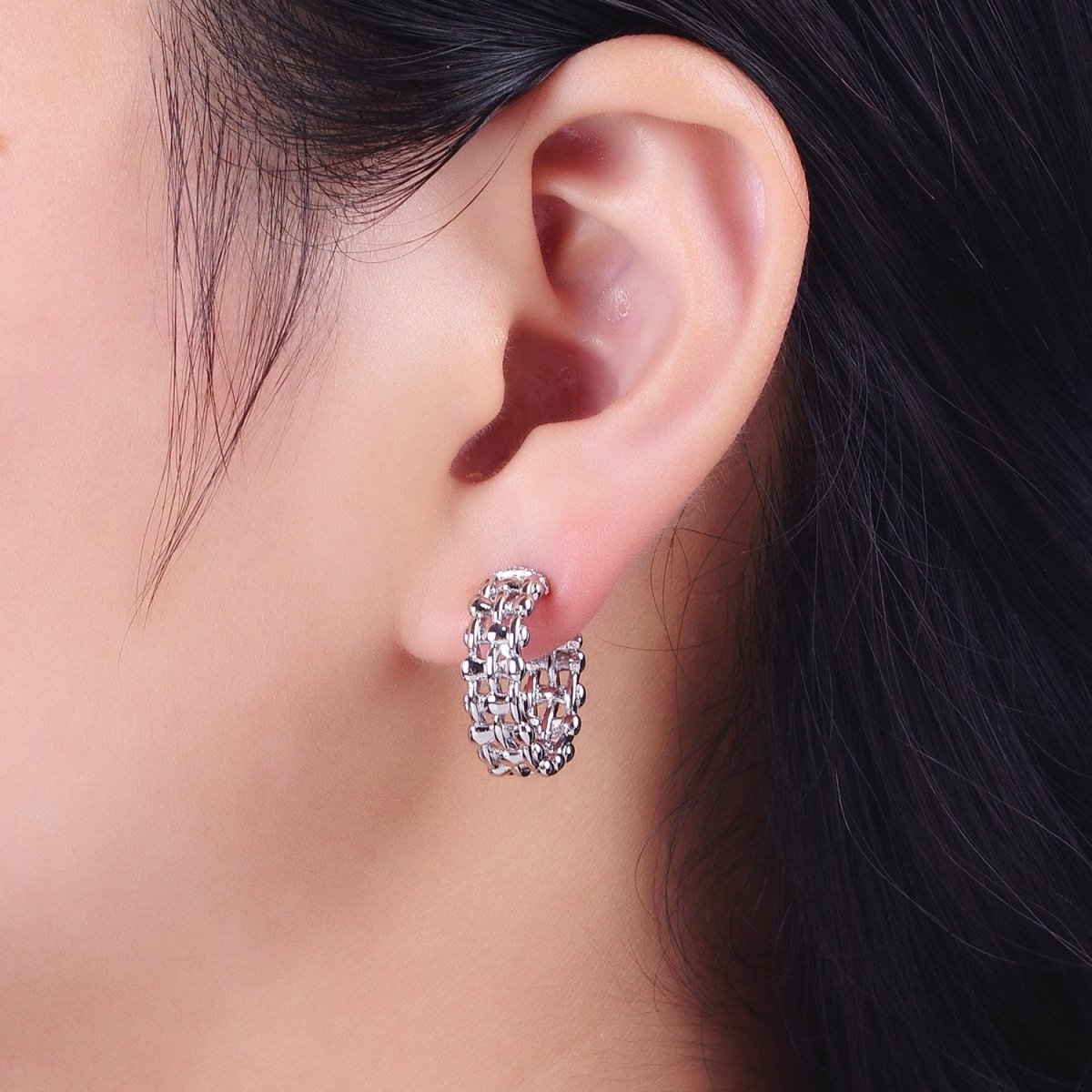 Minimalist Gold, Silver Bubble Wide 20mm C-Shaped Stud Hoop Earrings | AD-183 AD-184