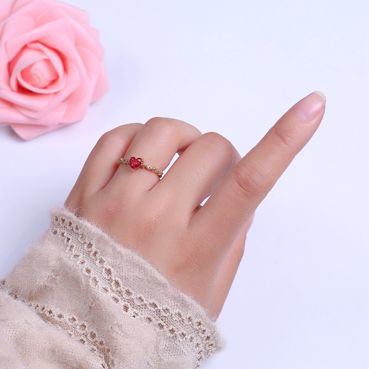 Minimalist Heart Ring, Gold Filled Stacking Ring, Pink CZ Heart Ring Open Adjustable O-2033