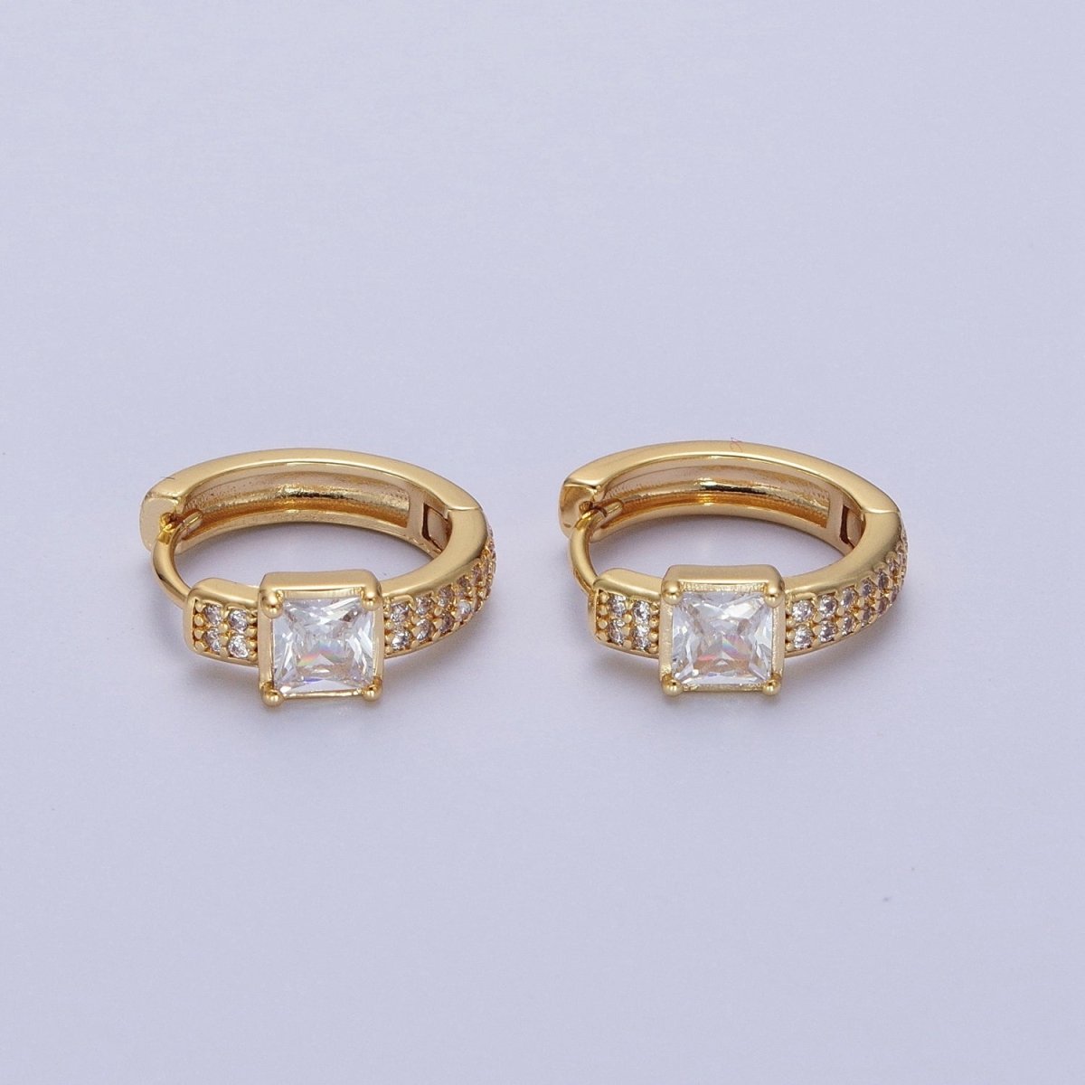 Minimalist Micro Paved Baguette Cubic Zirconia 14mm Gold Huggie Hoops Earrings | AD-026