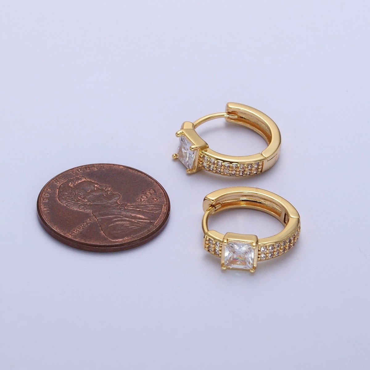 Minimalist Micro Paved Baguette Cubic Zirconia 14mm Gold Huggie Hoops Earrings | AD-026