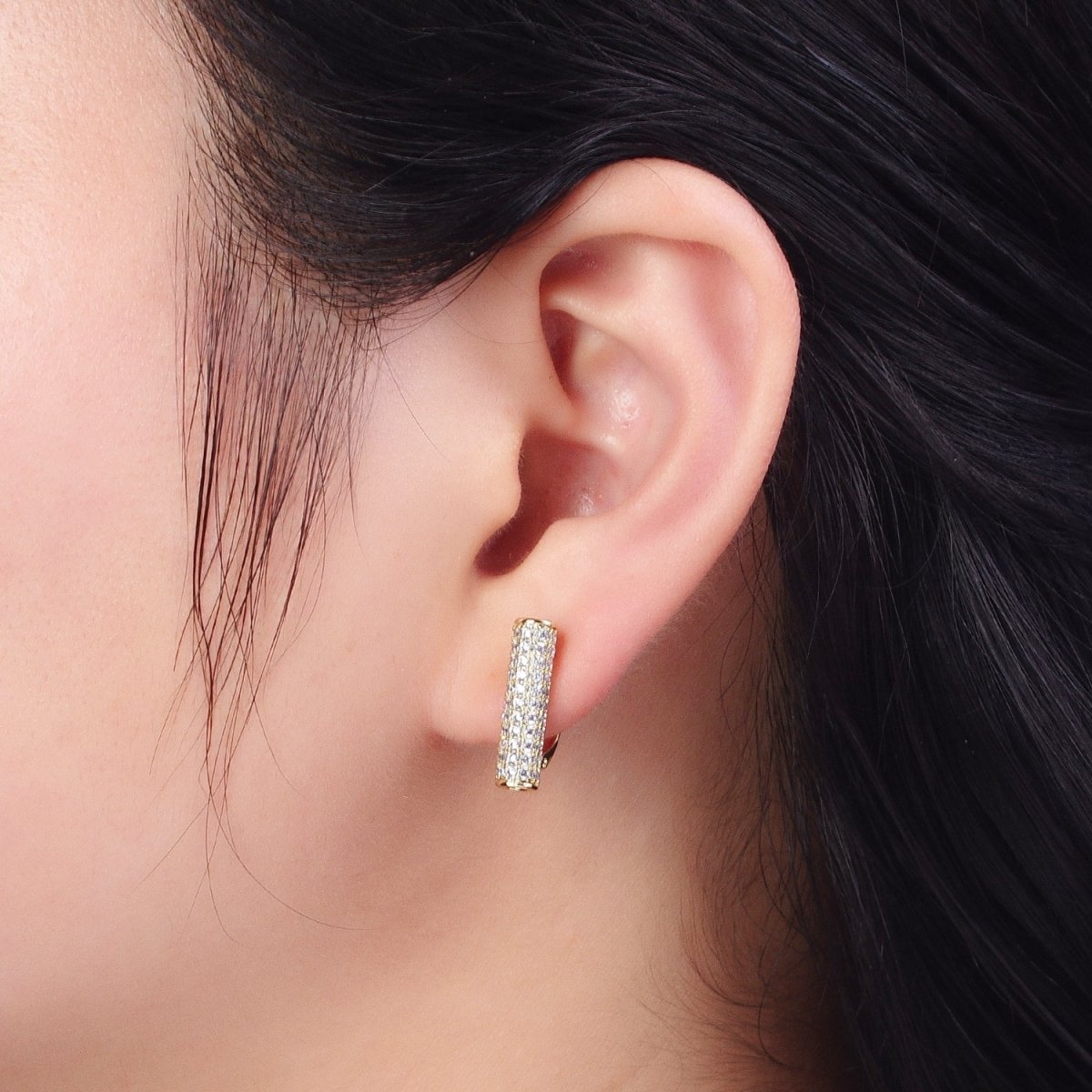 14K Gold Filled Micro Paved CZ Tube Cylinder English Lock Earrings | AE1034