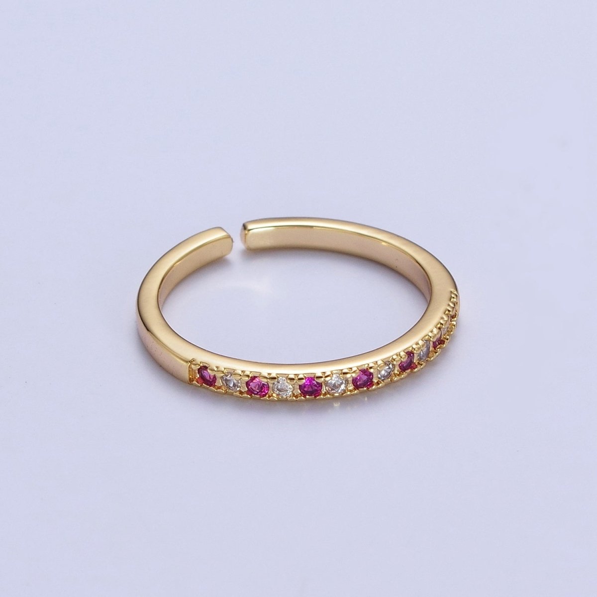 Minimalist Micro Paved Fuchsia & Clear Cubic Zirconia Adjustable Stacking Ring | S-286