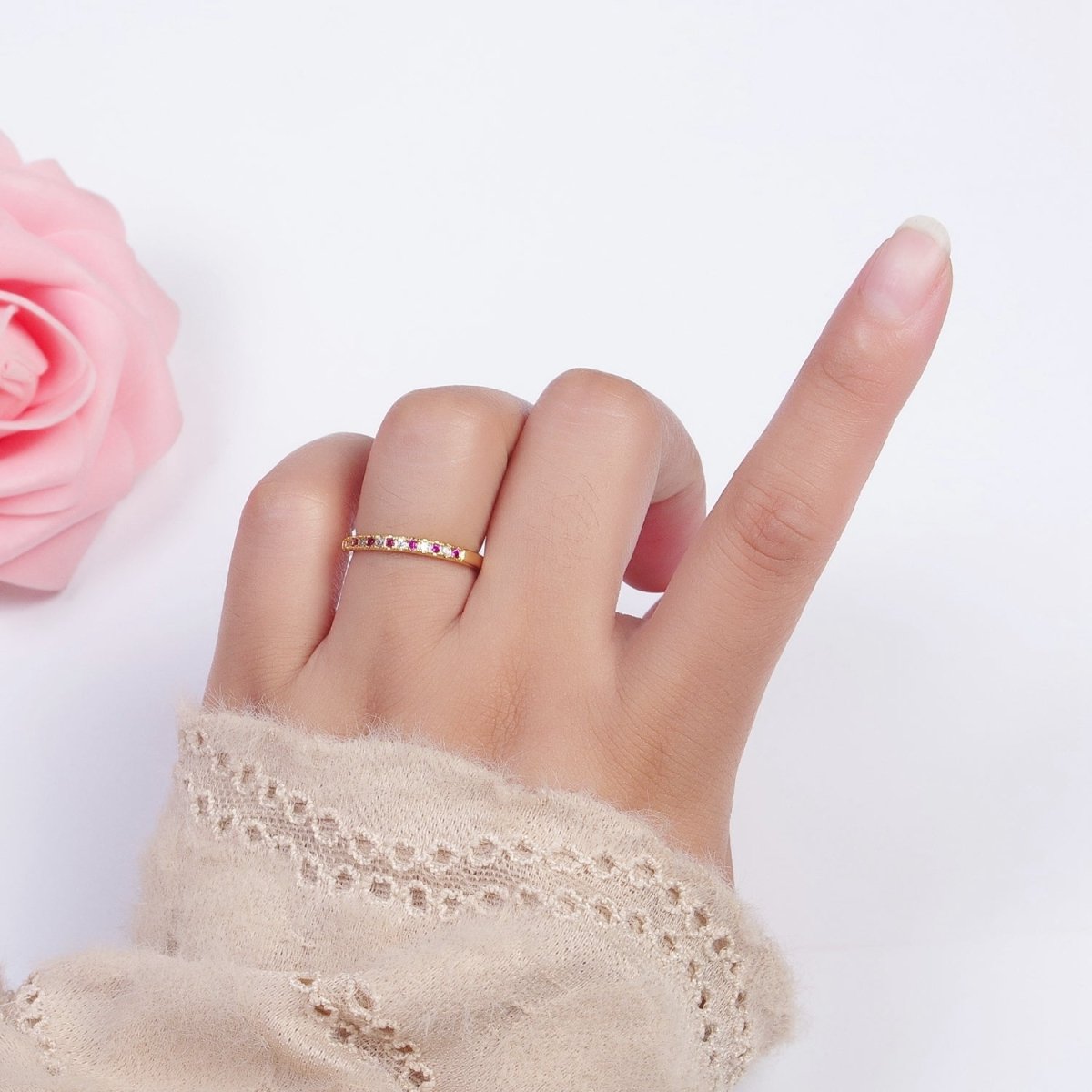 Minimalist Micro Paved Fuchsia & Clear Cubic Zirconia Adjustable Stacking Ring | S-286
