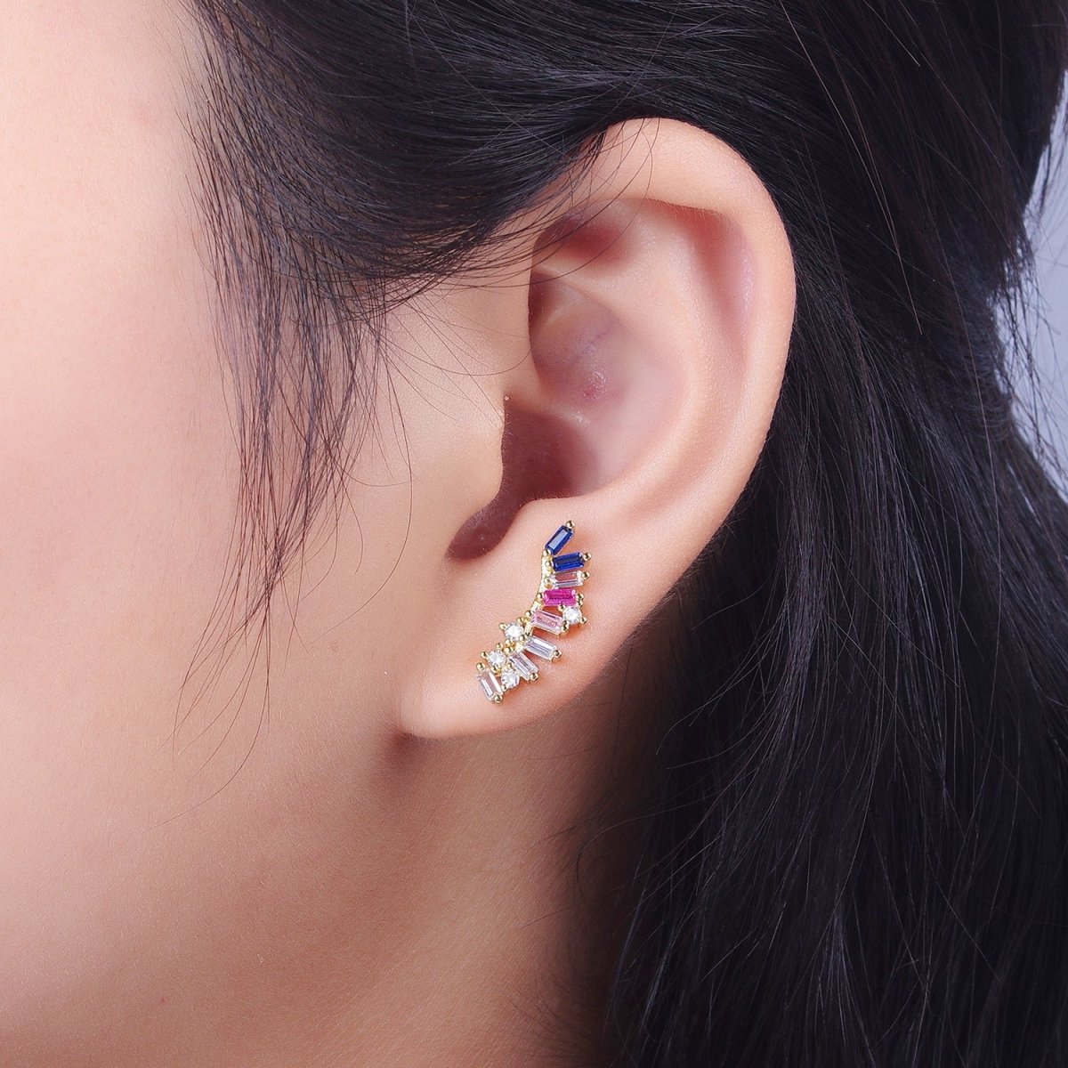 Minimalist Multicolor Baguette Geometric Shooting Star Gold Stud Earrings | AD-271