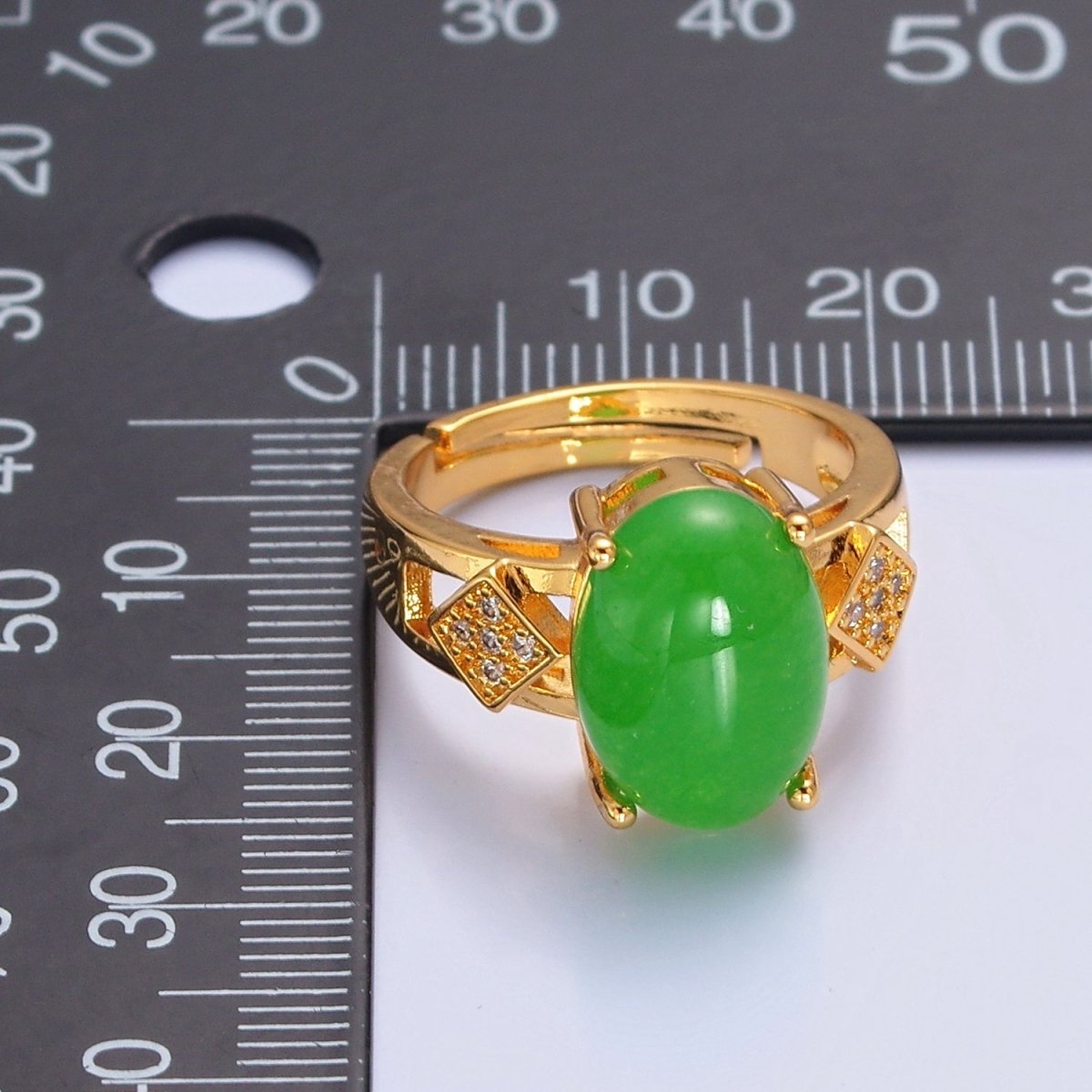 Minimalist Thick Band  Micro Pave Rhombus with Oval Green Jade O-764