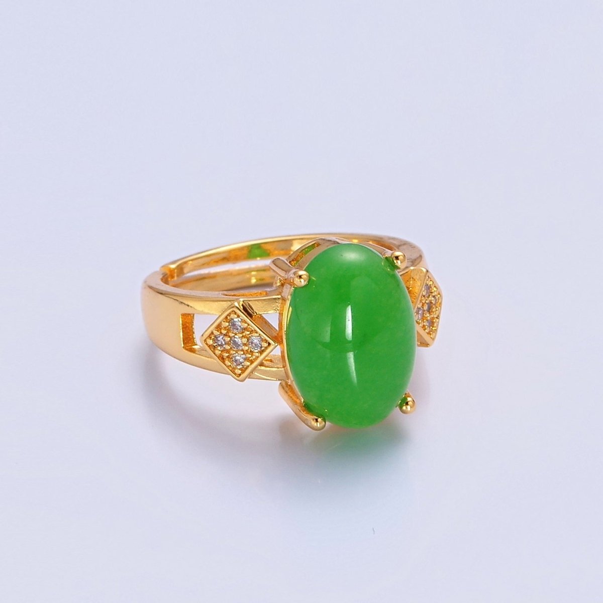 Minimalist Thick Band  Micro Pave Rhombus with Oval Green Jade O-764