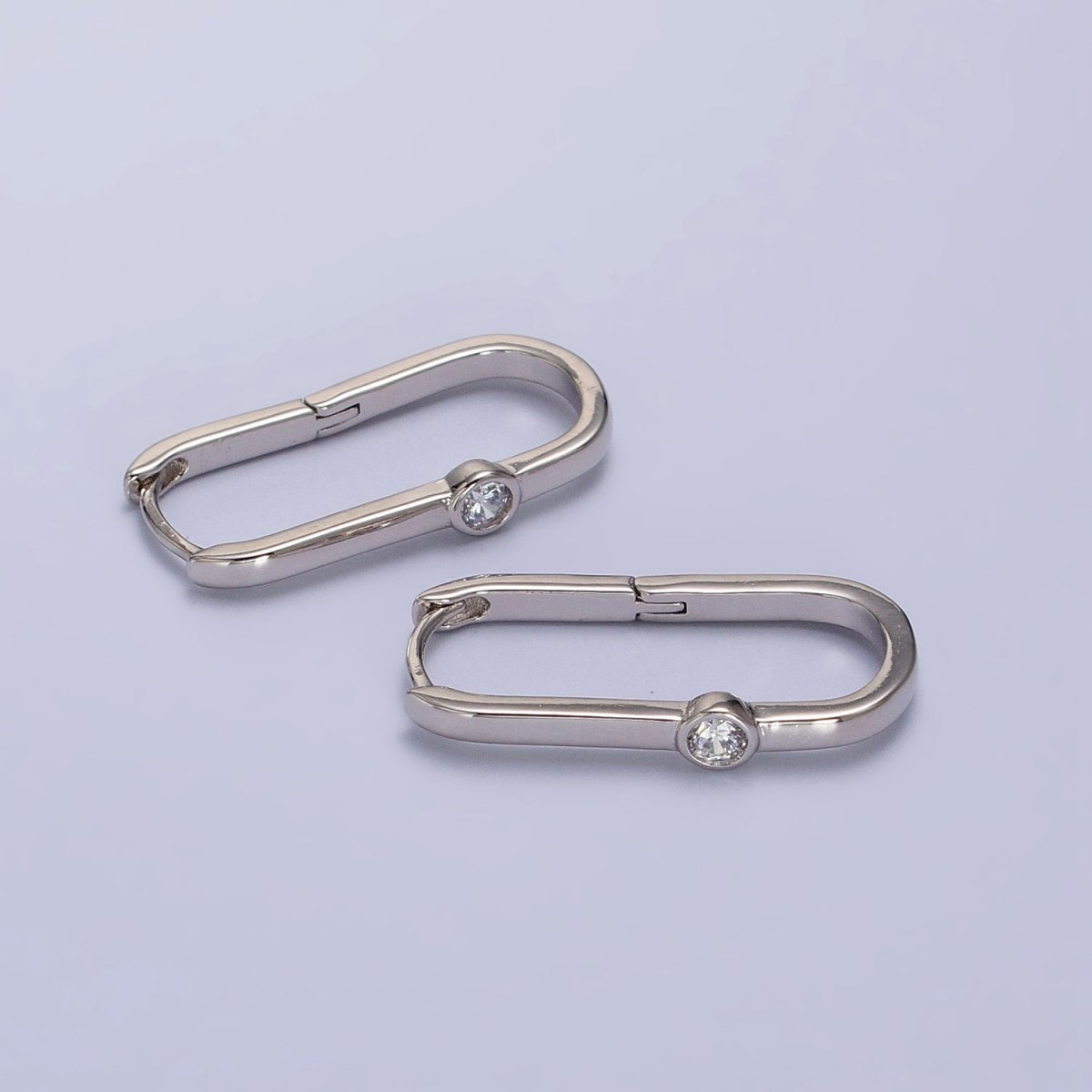Minimalist White Gold Filled Oblong Earring Silver Hoop Earring with CZ Stone Minimalist Jewelry AB-1053