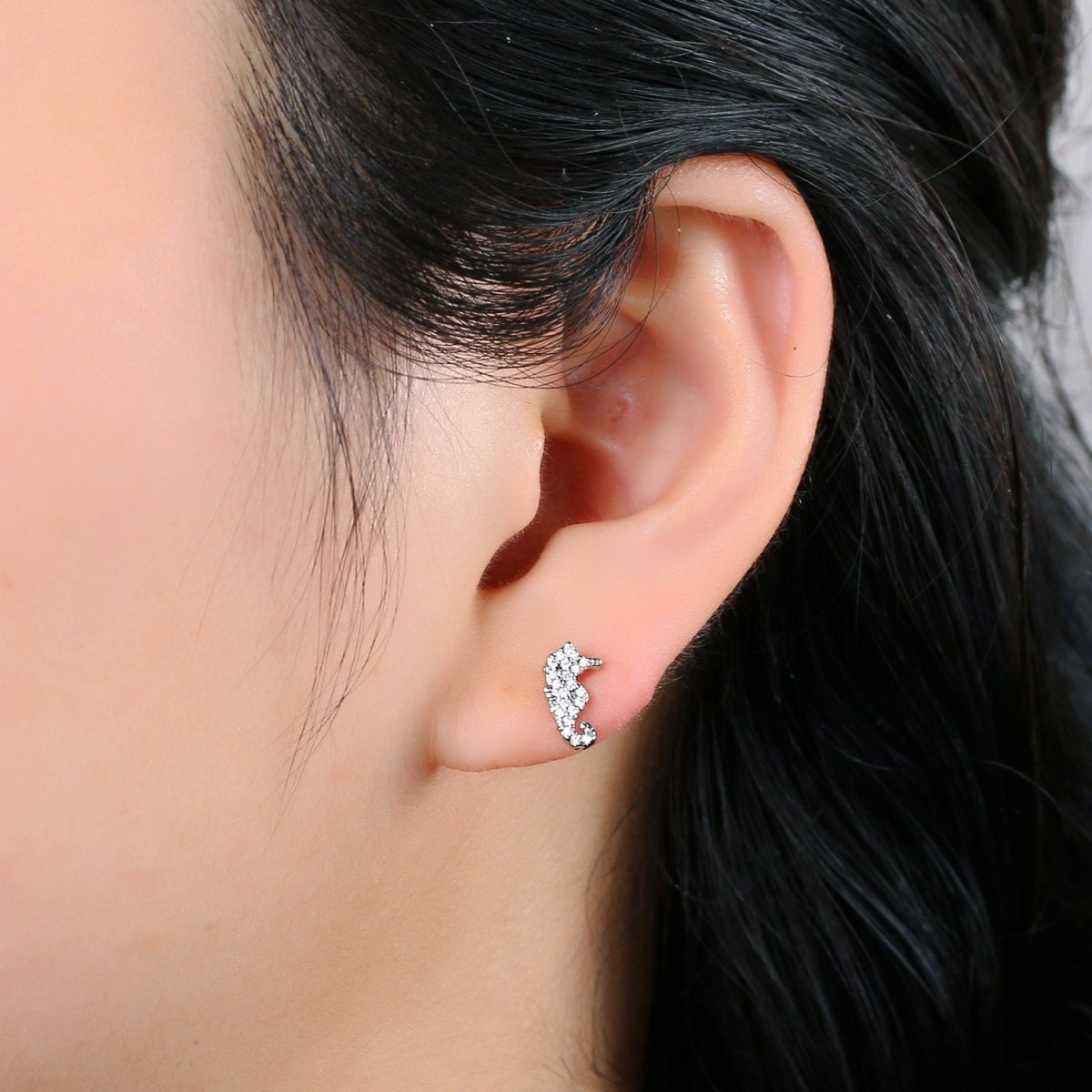 Mismatched Stud Earring Dainty Sea Horse Stud Earring, Gold Sea Horse Earring, Micro Pave Earrings Animal Studs Minimalist Stud Earrings Q-370