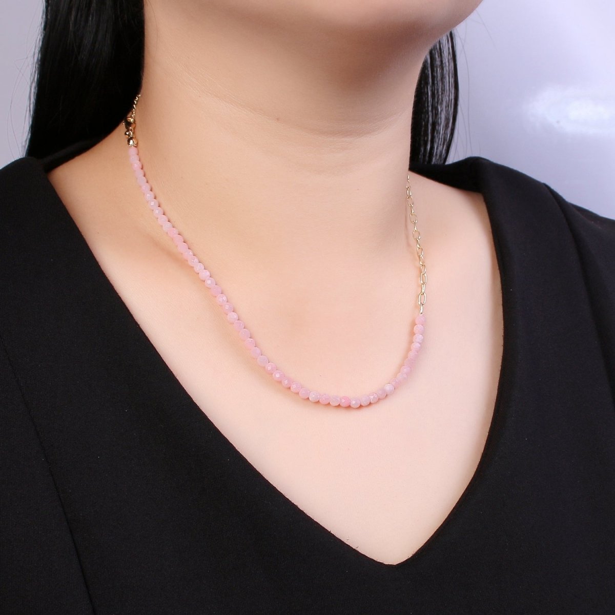 Mixed Chain Necklace, Fused Rose Quartz Beads necklace w/ 14k Gold Filled Necklace, Cable Link Chain Necklace Ready To Wear Necklace