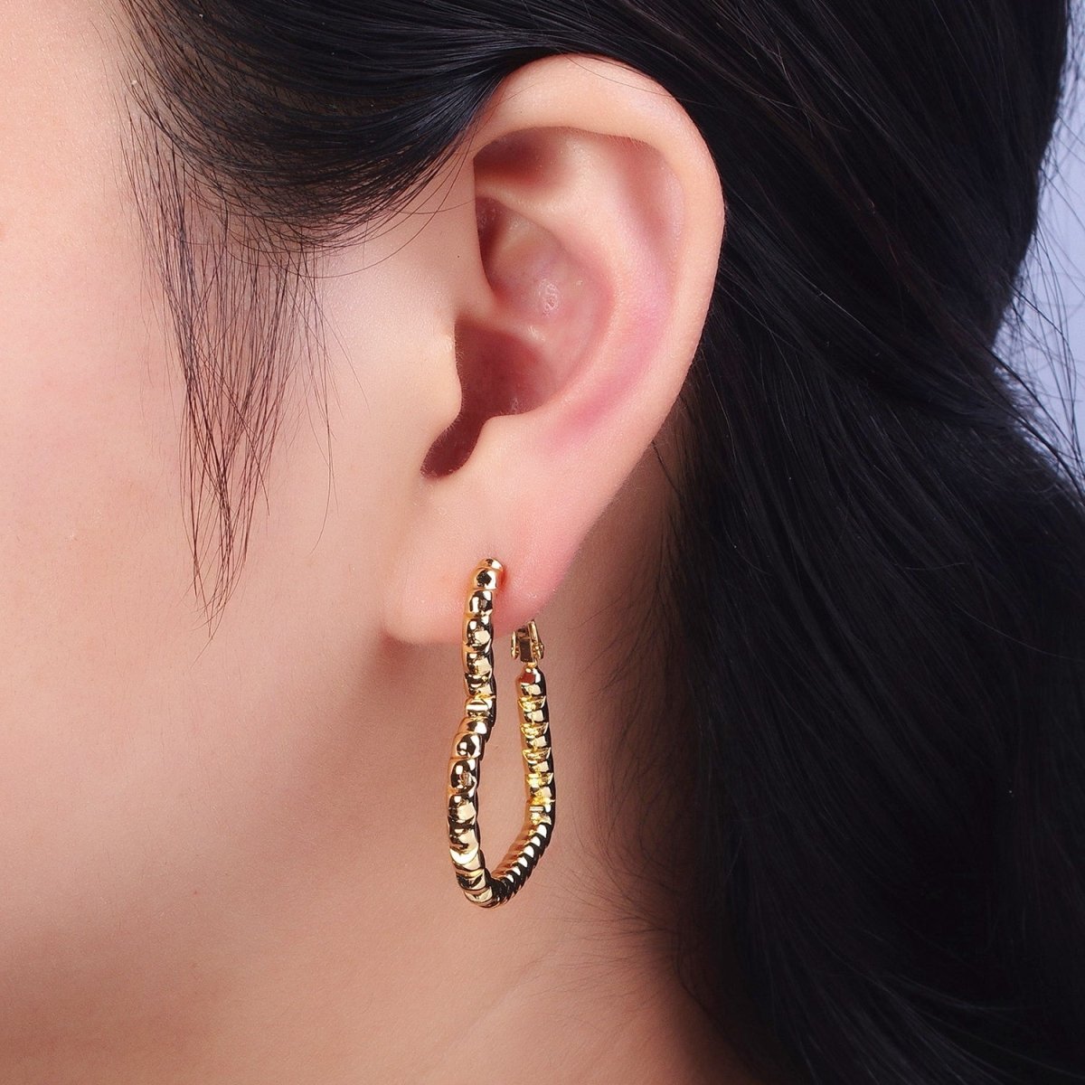 Modern Heart Hoop in Gold Beaded Earrings Medium Hoop For Everyday Wear Q-031
