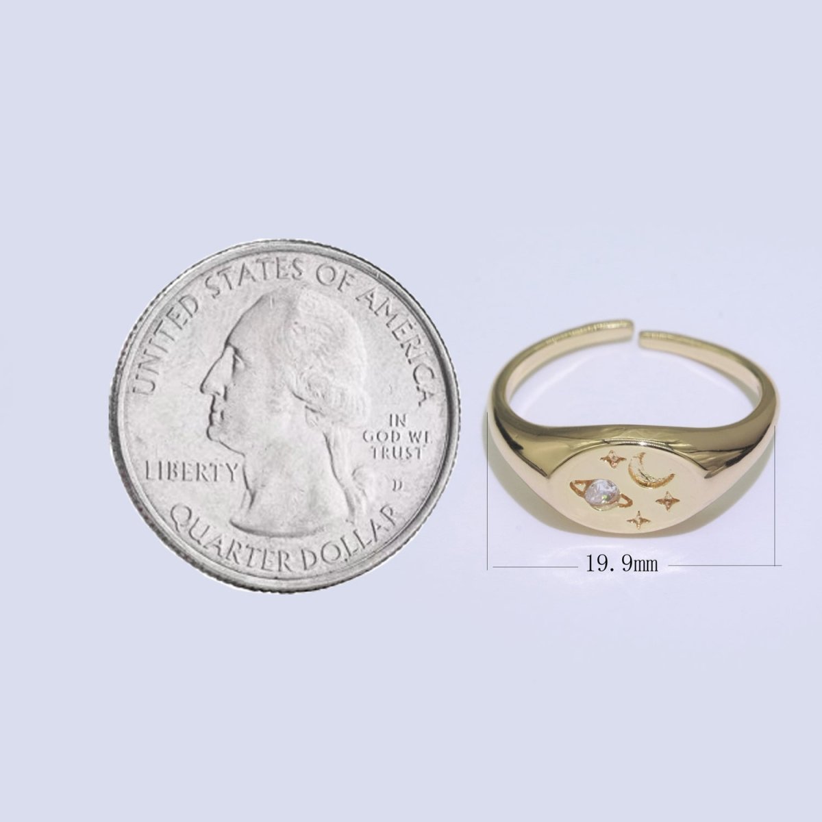 Moon Star CZ Paved Starburst Constellation Star Signet Ring, Minimalist Signet Polaris Ring, Celestial Ring O-447
