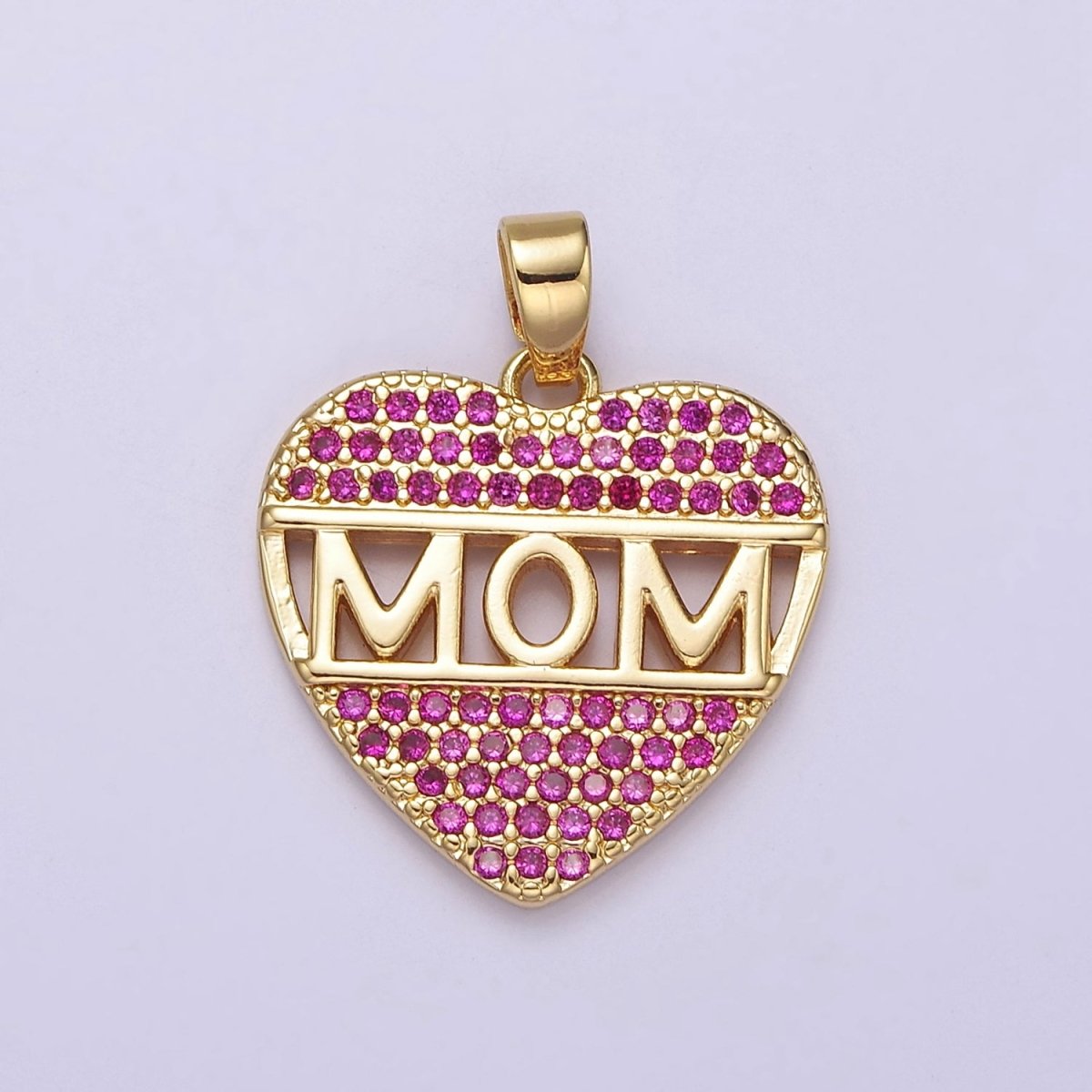 Mother's Day heart shaped Pendant CZ Pink charm Mom Script in 18k Gold Filled for DIY jewelry J-387
